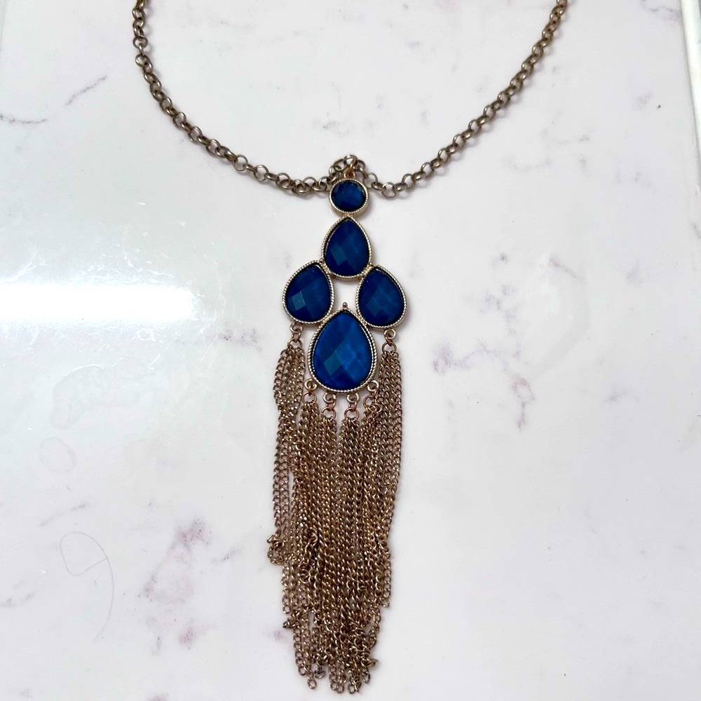 Francesca’s jewel blue/green long pendant necklace with gold chain